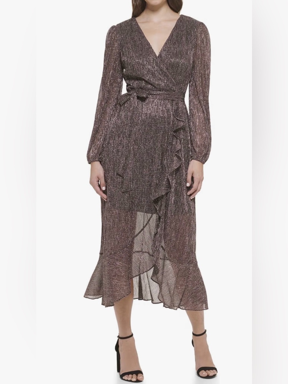 Kensiec Metallic Faux Wrap Long Sleeve Crinkle Knit Sheer Overlay Dress